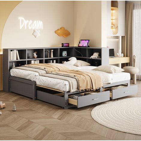 Letto con letto aggiuntivo 90/180x190 cm, 2 cassetti, vano portaoggetti, presa elettrica, rete a doghe, in legno, senza materasso, grigio (1/5)