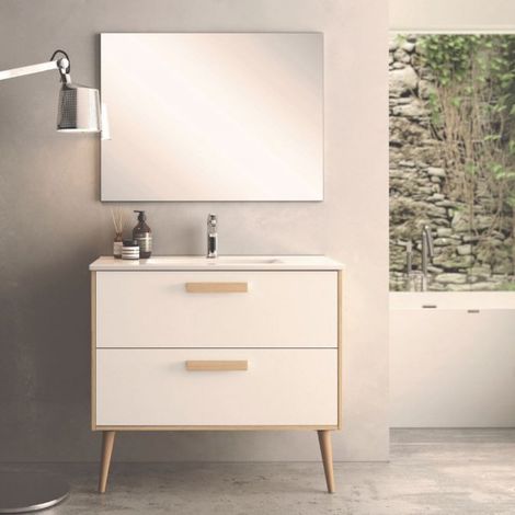 Mobile bagno Nordic con struttura in rovere e 2 cassetti bianchi