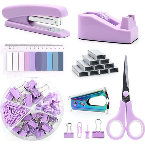 Ensemble de fournitures de bureau, kit d'accessoires de bureau, comprenant agrafeuse, ruban adhésif, dissolvant, agrafes, pinces, ciseaux (1/5)