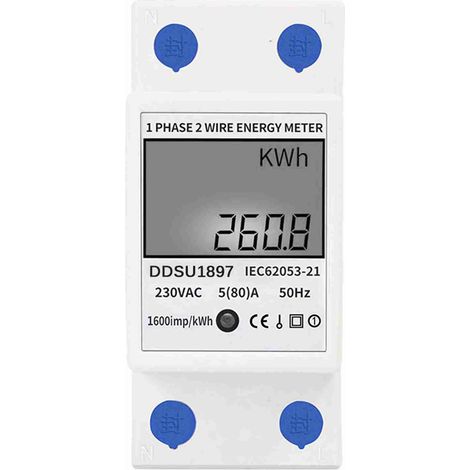 Compteur électrique numérique monophasé DIN Rail DDSU1897 – Mesure de puissance, courant et tension – Pour tableau électrique – Boîtier ABS – 35mm rail (5(60)A) (1/4)