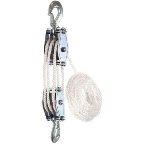 Poulie de palan à corde de 1100 livres - Acier galvanisé - 3 Poulies - Levage 2,5m - Corde de nylon résistant de 15 m