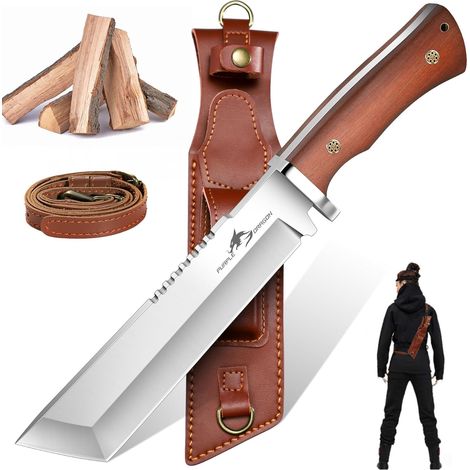 Couteau d'extérieur avec fourreau en cuir, couteau de survie tranchant avec dos de lame de 7 mm, acier à haute teneur en carbone