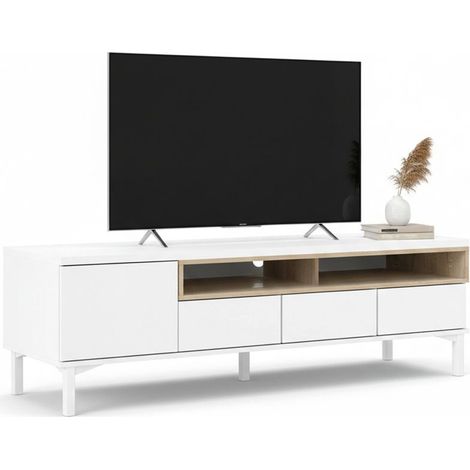 Dmora - Mobile porta TV Rosata, Credenza da soggiorno, Armadio basso per TV, Base parete attrezzata, 156x48 h48 cm, Bianco e Quercia
