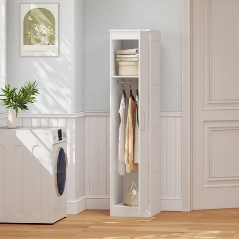 Armario multiusos con barra para colgar ropa, estante, puerta con cierre suave, 40 x 52 x 180 cm, blanco