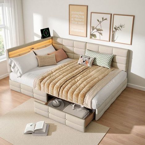 Cama doble 140x190 cm, Estructura de cama en forma de L con 2 cajones y LED, Cama para adultos 140x190 cm en lino beige, Cabecero reversible (1/5)
