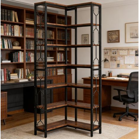 OKMYHOME industrielle Eck-Bücherregal mit 7 Ebenen, Metall und Holz, schwarz und braun (1/5)