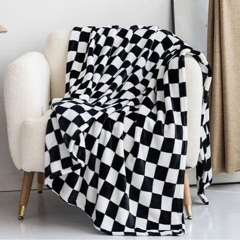 Couverture à carreaux en flanelle noire et blanche 127 x 152 cm pour canapé, chambre à coucher, chaise, décoration d'intérieur