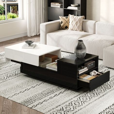 Table basse brillante avec 1 tiroir, plateau coulissant et motif de coutures noires et blanches, 100x50x38 cm (1/5)