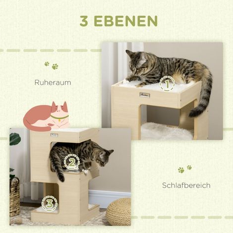 Tonneau pour chat, cachette féline 2 niveaux avec jouet inclus, 34 x 34 x 60 cm, teinte naturelle et gris clair (1/5)
