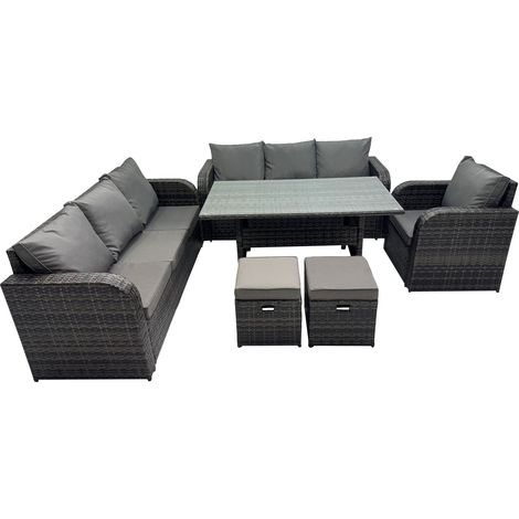Fimous 9 Sitzer Dunkelgrau Polyrattan Gartenmöbel-Set Liegestuhl Lounge Sofa 3 Sitzer Sofa Set Outdoor Rechteckiger Esstisch mit 2 Hockern (1/5)