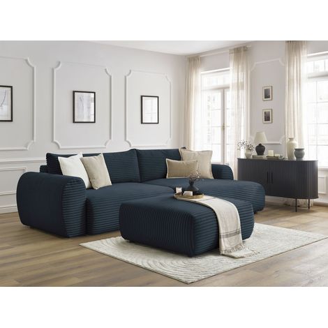 BOBOCHIC - Canapé d'angle convertible coffre LUCIEN gros côtelé doux avec pouf Angle droit Bleu foncé (1/5)