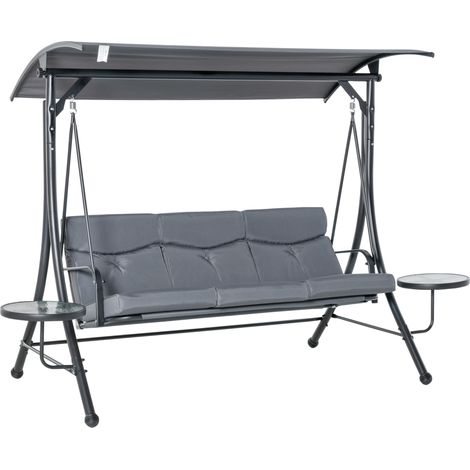 Hollywoodschaukel 3-Sitzer mit Sonnendach und Teetisch, Stahlrahmen und Polyester, 271 × 125 × 177 cm, Grau/Schwarz