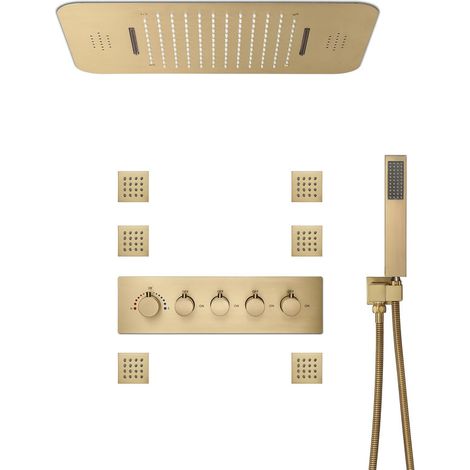 Duschsystem,Musik-Thermostat-Duschsystem,Unterputz duscharmatur,Mit LED-Ambientelicht Duschgarnitur,Ausgestattet Mit Einer Duschbrause 580 X 380 mm,Handbrause Und 6 Seitenbrausen,Gebürstetes Gold