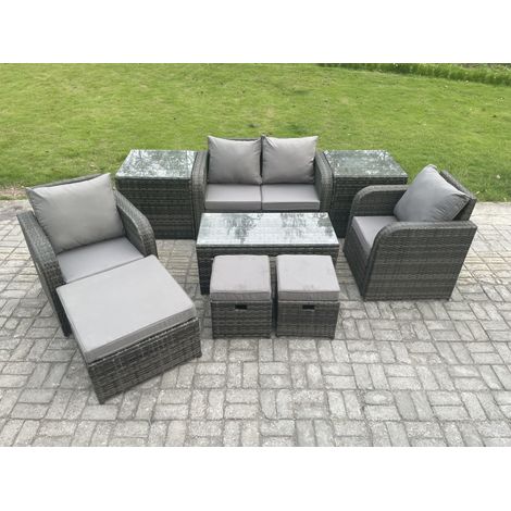 Fimous Rattan Lounge Sofa Set Gartenmöbel-Set mit Rechteckiger Couchtisch Love Sofa 2 Beistelltischen 3 Hockern Dunkelgrau Gemischt (1/5)