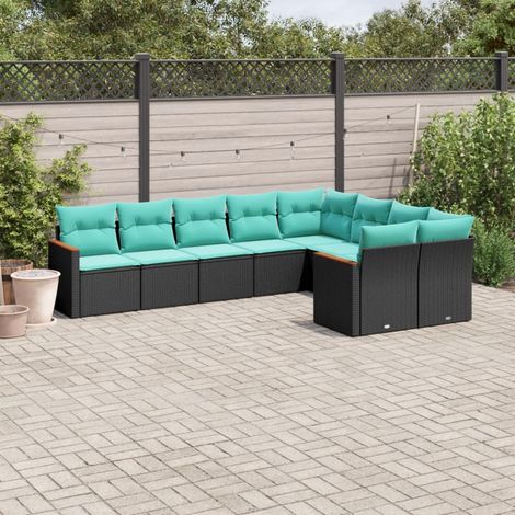 9-teiliges Gartensofa-Set mit Kissen, schwarzes Polyrattan (1/5)