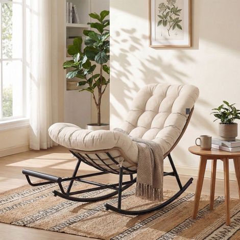 Vasagle – Fauteuil relax ergonomique avec repose-pieds extensible – Structure en acier – Rembourrage en PP et tissu polyester – Capacité 136 kg – Beige