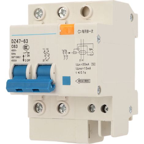 Disjoncteur miniature 63 A bipolaire avec protection contre les fuites à air, montage sur rail DIN, 400 V (1/5)
