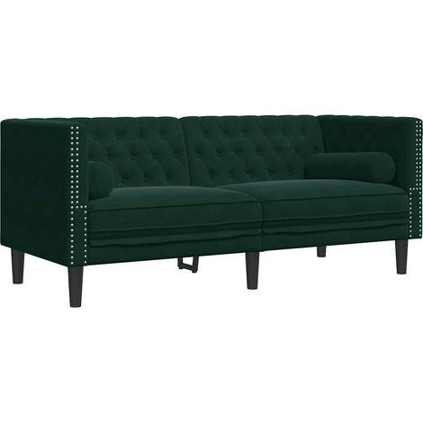 Canapé  Sofa Chesterfield avec traversins 2 places vert foncé velours