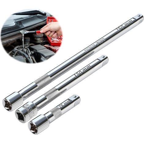 Rallonge 3/8 Pouce Rallonge Cliquet 3 Pièces 75 mm 150 mm 250 mm Jeu de Rallonges 3/8 Pouce Acier au Chrome-vanadium Jeu de Rallonges à Bascule pour Clés à Cliquet Douille Clé à Choc (1/5)