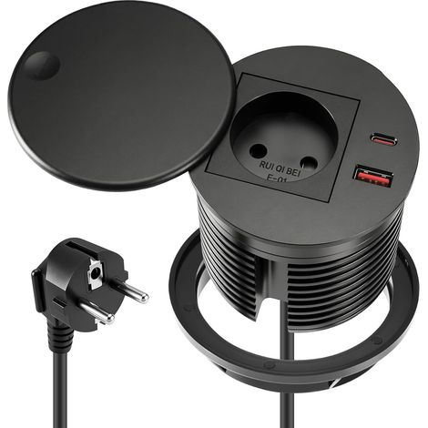 Bloc Prise Encastrable Rond 80 mm avec USB-C PD20W + USB-A, Multiprise Encastrable Plan de Travail, Bureau, Cuisine, Meuble, Prise Française avec Câble 1.5 m (1/5)
