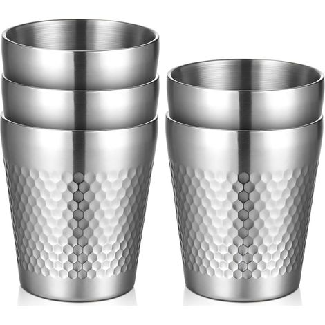 Lot de 5 gobelets en acier inoxydable 300 ml avec structure en diamant Double paroi isolée, empilables et incassables SUS304 adapté à un usage alimentaire (argent) – Passe au (1/5)