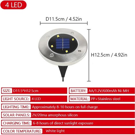 (2 lampes solaires à disque de 4 LED blanches, 2 unités) - Éclairage extérieur étanche IP65 - Projecteur décoratif pour terrasse, jardin ou pelouse (1/5)