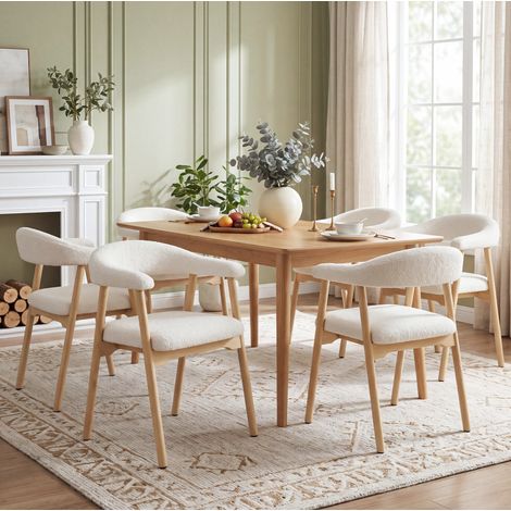 Juego de 6 sillas de comedor, diseño ergonómico en C, tapizado bouclé, madera natural (1/5)