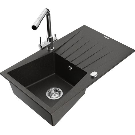 Mexen Cesar 1 Becken-Granitspüle mit Abtropffläche und Mischbatterie Duero, Schwarz/Gold metallisch - 6514-75-671600-00 (1/5)