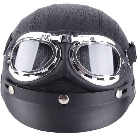 Keenso Casque de Moto, Scooter Universel Scooter en Cuir Synthétique Open Face Half Casque et Visor Sun Goggles (BLACK). (1/5)