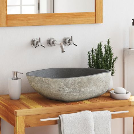 Vasque à poser Lavabo à poser pour salle de bain - en pierre de rivière Ovale 46-52 cm BV756542 - BonneVie (1/5)