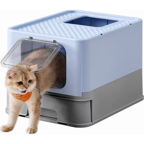 Bac à Litière Fermé pour Chat, Maison de Toilette, Plateau Amovible, Pelle, Brosse, pour Grand Chat, Capacité de Charge 15 kg, Anti-Traces, Anti-fuites, Bleu Pastel et Gris Tourterelle
