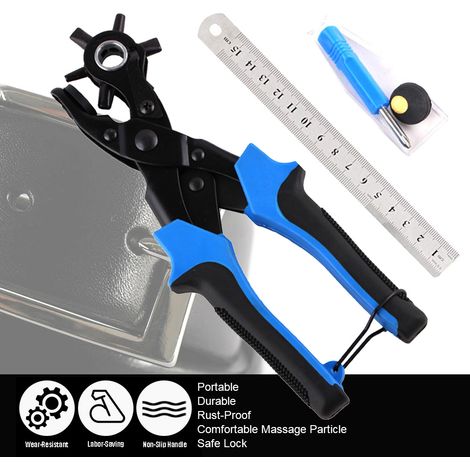 Alicates perforadores de cinturón con 6 opciones, perforador manual de acero al carbono de 250 mm con bloqueo de acero inoxidable, herramienta para perforar cuero. (1/5)