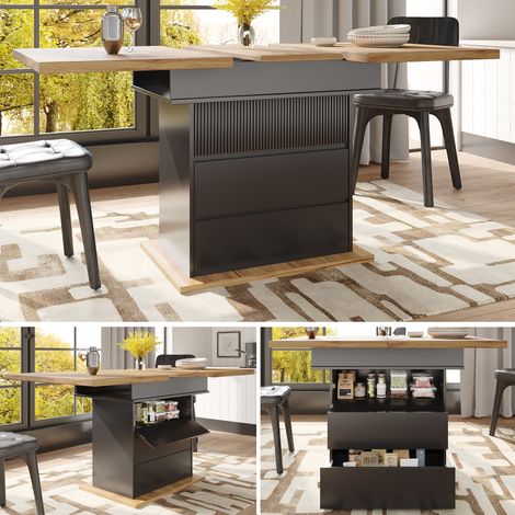 Table à manger, pliable, télescopique, avec étagères, noir, 140 x 80 cm, pour maison et usage quotidien, style moderne