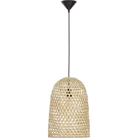 Merano Lansing Dôme Suspension Plafonnier Rotin Naturel Tissu Noir Fil & Base LED E27