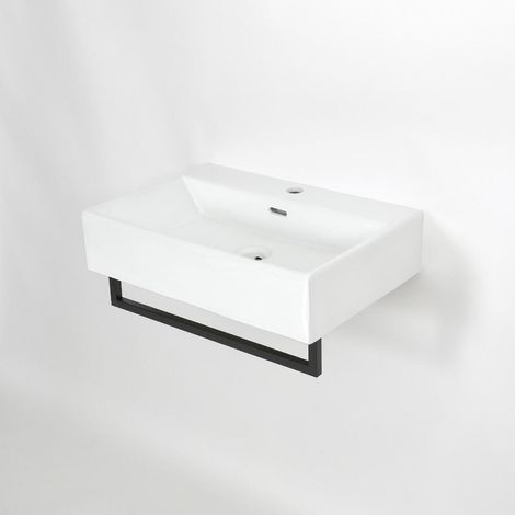 Milano Elswick White Ceramic Wall Hung Bathroom Basin Sink with Black Towel Rail - 605mm x 430mm (1/5)