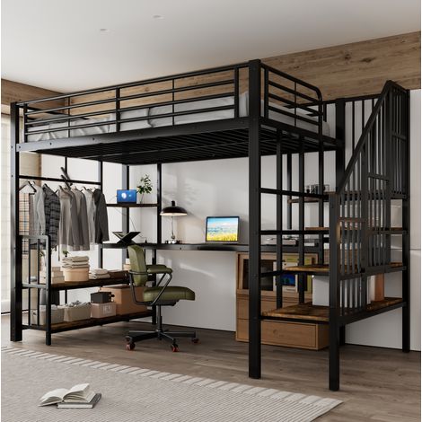 Letto a soppalco 251.5x125x170 cm, scala laterale con corrimano, porta di ricarica, metallo e legno, nero e noce scuro (1/5)