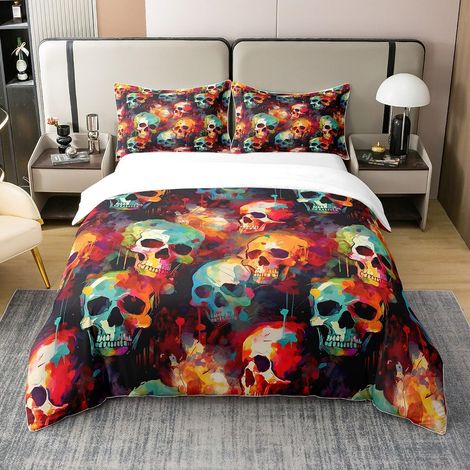 Sugar Skull Housse de Couette 100% Coton Enfants Goth Skull Parure de lit Halloween thème Literie Set Femmes Hommes léger Squelette Couleur Literie Ensemble 240x260cm - 240 x 260 cm + 2 taies d'oreill (1/5)