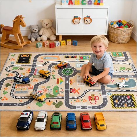 kids play mat with city road, city map non slip, soft felt, floor mat stain resistant floor mats for toddlers, indoor playroom, kids room (1/5)