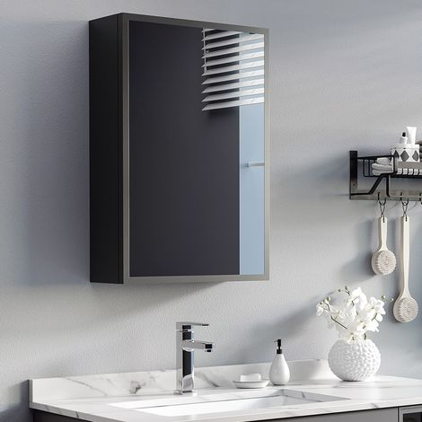 Meuble miroir salle de bain mural 3 étagères noir 40 x 15 x 60 cm, rangement compact au-dessus du lavabo, fermeture douce, CHICFURN (1/5)