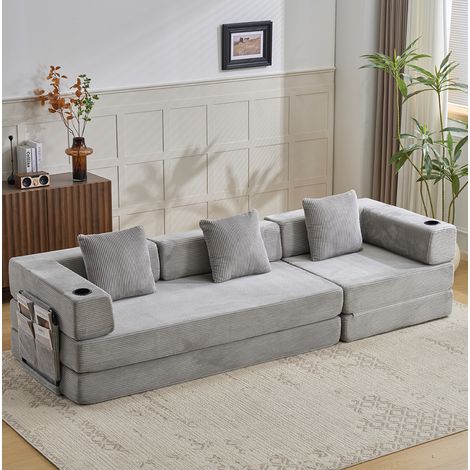 Canapé Lit convertible pliable au sol avec accoudoirs, porte-gobelets et poche latérale, velours côtelé - gris clair (1/5)