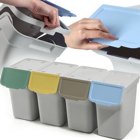 KADAX Poubelle avec couvercle, poubelle en plastique, pour le tri des déchets, rectangulaire, avec couvercle à charnière (gris, 4 x 20 l) (1/5)