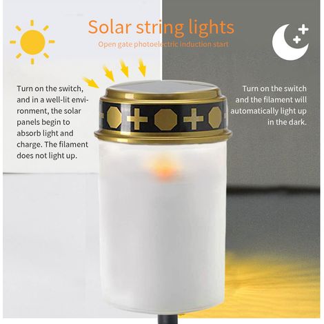 Lampada a candela solare a LED, lampada sacrificale per cimitero, sensore intelligente di accensione/spegnimento, lampada da esterno antipioggia per preghiera, attività religiose, decorazione per fest (1/4)
