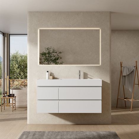 Mobile bagno sospeso 120 cm Bianco Lavabo a Destra in Resina Specchio Quadro Retroilluminato - Fiji Wood (1/4)