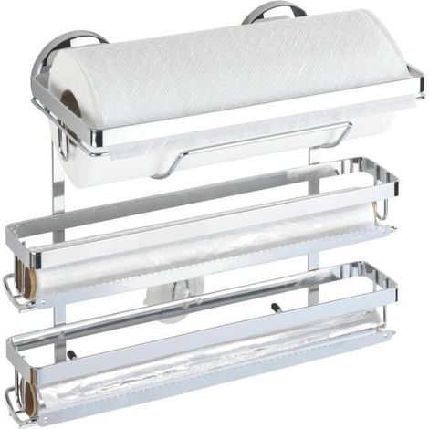 WENKO Magic-Loc Portarotolo da Cucina Trio, per 3 Diversi Rotoli, Fissaggio senza Trapano, Metallo Cromato, 33 x 32 x 16 cm, Argento (Lucido) (1/4)