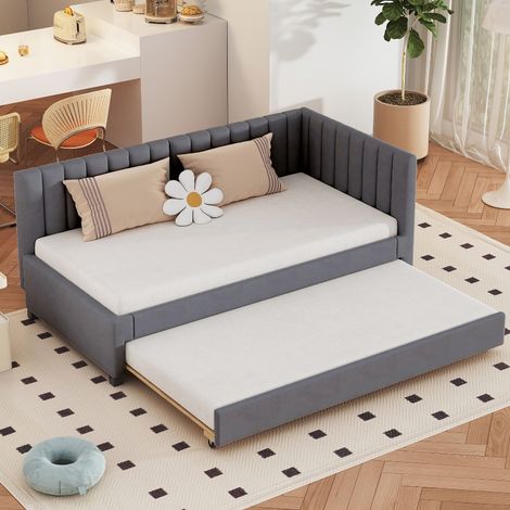 Polsterbett 90x200 mit Ausziehbett, Multifunktionales Schlafsofa aus Samtstoff Grau, Tagesbett mit Lattenrost für Jugendzimmer und Gästezimmer (1/5)