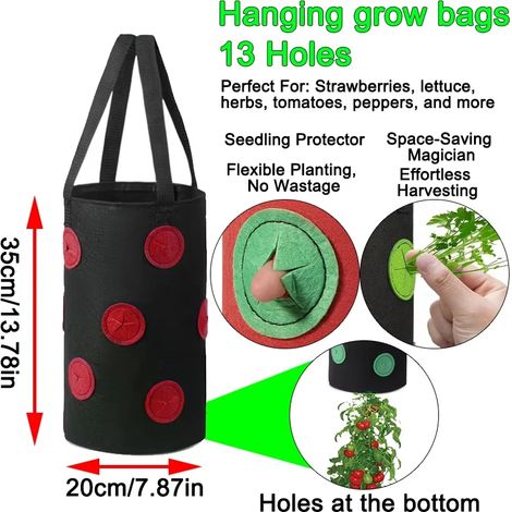 (Tissu noir 13 trous, 1 pièce) Sacs de culture suspendus pour fraises et tomates - Jardin vertical - Pot de culture pour fraisiers - Tour aéroponique (1/4)