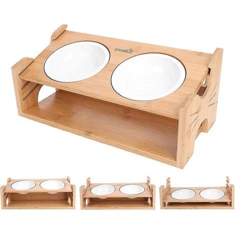 Gamelle surélevée pour chat avec support en bambou, gamelle inclinée de 15 cm avec double bol en céramique, 3 hauteurs réglables, gamelle anti-vomissements, antidérapante pour les chiots et les chats. (1/4)