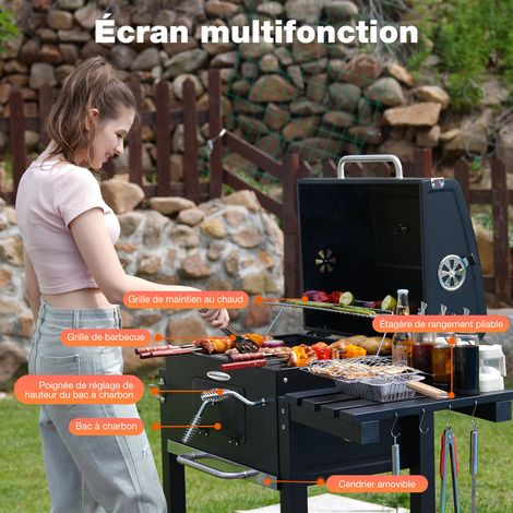 HOMAVO Barbecue Charbon de Bois, Surface de Cuisson: 56×42,5 cm, Bac à Charbon Réglable en Hauteur, Table Latérale Pliante, Thermomètre, Housse Barbecue Incluses