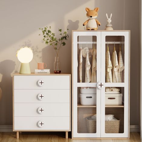 Kleiderschrank- und Kommoden-Set 80x50x150/80x54x90 cm Natur+Weiß aus MDF mit Acryltüren, 4 Schubladen und Kleiderstange (1/5)