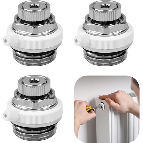 Lot de 3 vannes de purge automatique radiateur 1/2", laiton nickelé avec joints silicone, évacuation d'air (1/5)
